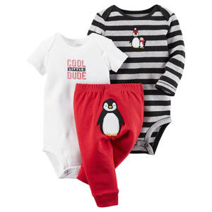 Baby Boy 3-Piece Bodysuit Pant Set Penguin Clothes Holiday Christmas Red